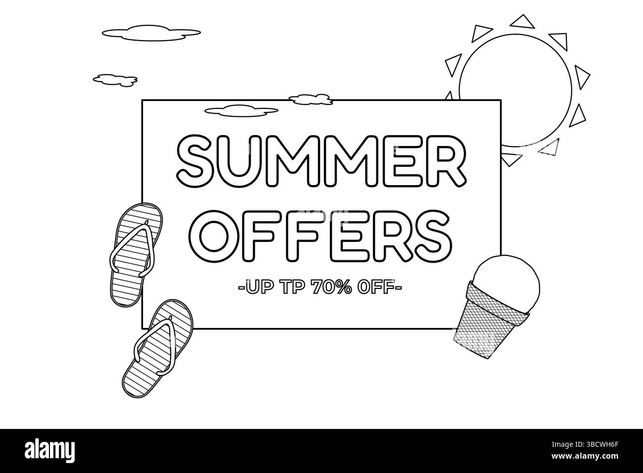Dessin de contour de page de coloriage de la bannière de vente d'été avec tongs de plage, crème glacée, soleil, et texte de réduction. Pour divertir, promotion estivale, Illustration de Vecteur