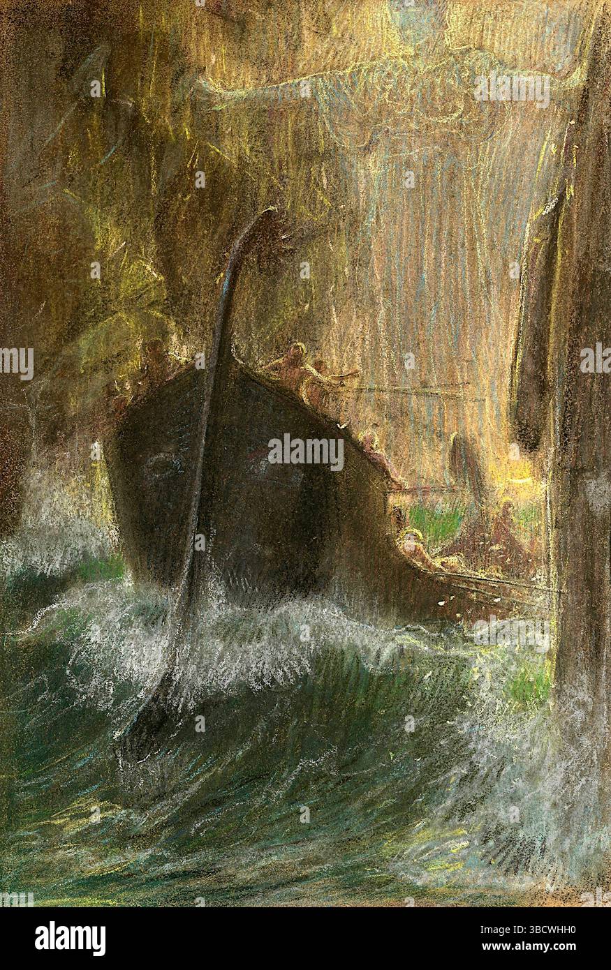 Adolf Hirémy-Hirschl - entre Scylla et Charybde - 1910 - Odysseus et son équipage naviguent dans le périlleux détroit entre les monstres Scylla et Charybde. Banque D'Images