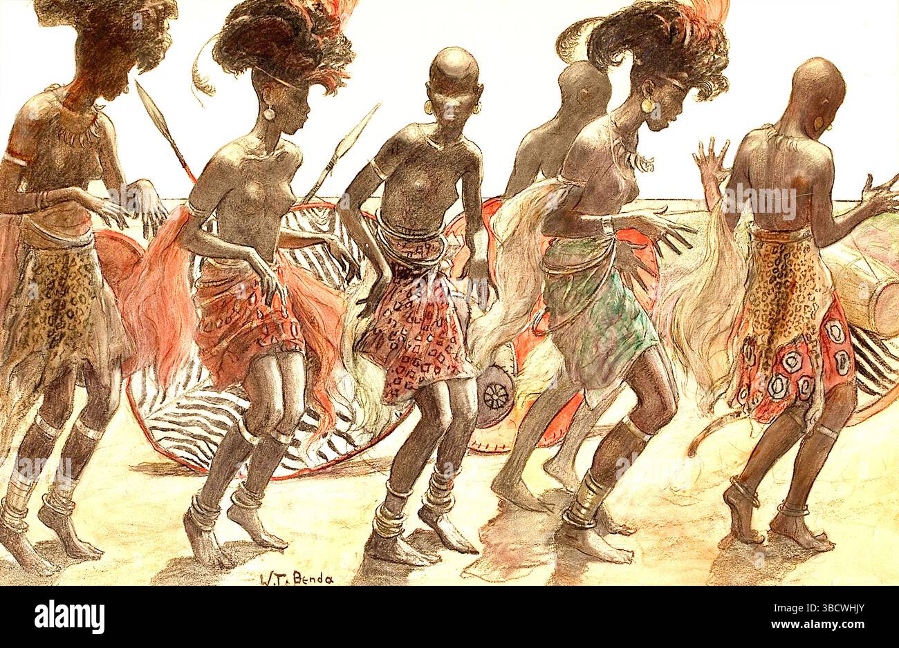 Wladyslaw Theodore Benda - la danse - 1916 - Un groupe de danseurs d'ascendance africaine, dans une danse dynamique et énergique. Banque D'Images