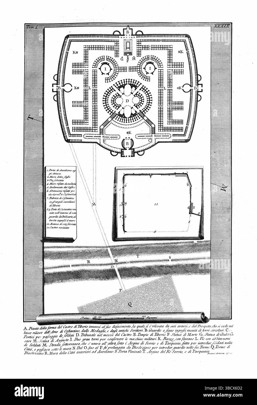 Plan du XIXe siècle du Castrum de Tibère, représentant la conception du camp militaire romain, les murs de fortification, les portes et la disposition stratégique interne de l'ancienne ROM Banque D'Images