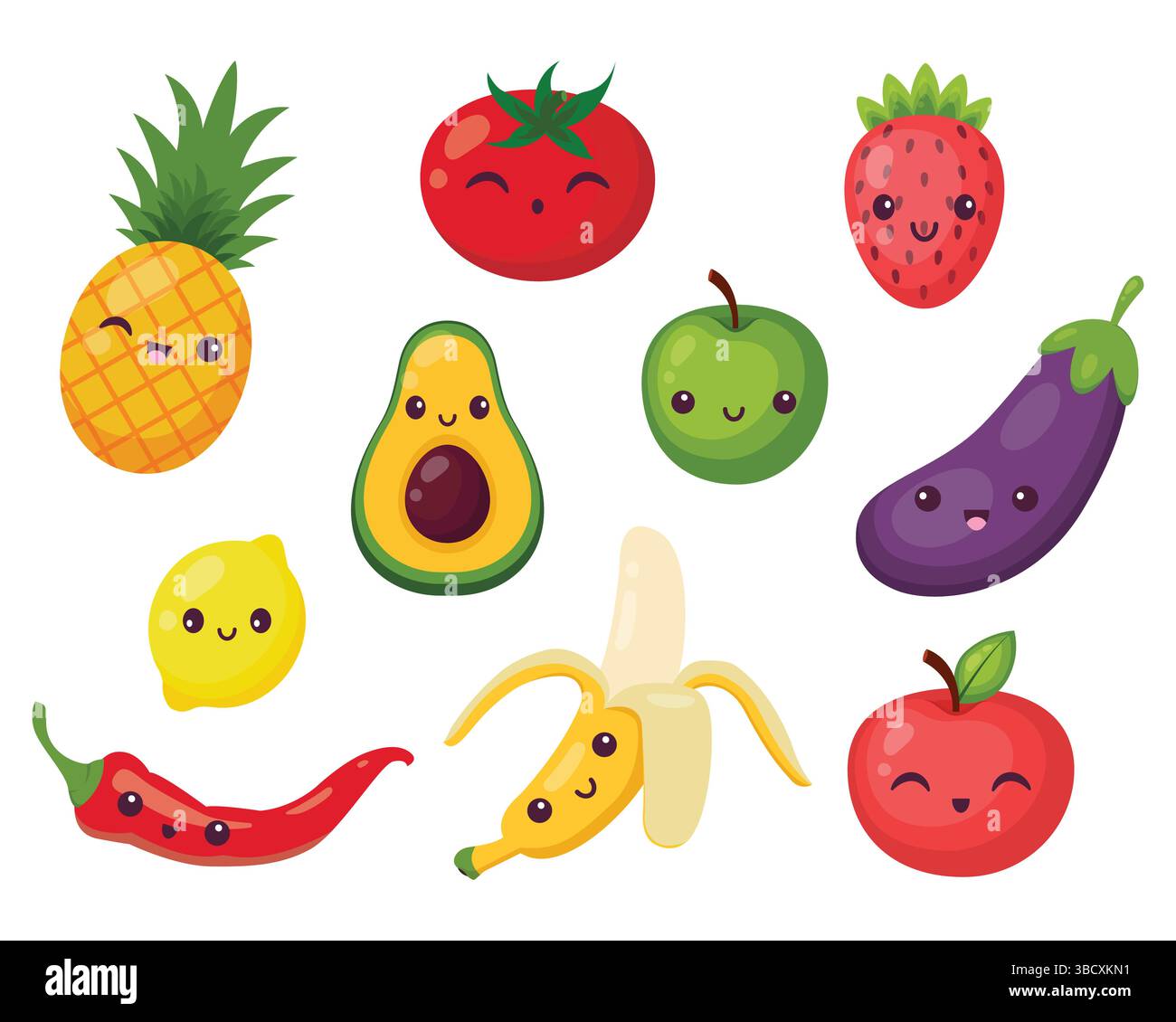 Ensemble de mignons fruits kawaii, légumes et baies. Un ensemble d'éléments alimentaires sains sur un fond blanc. Dessin à la main, illustration vectorielle. Illustration de Vecteur