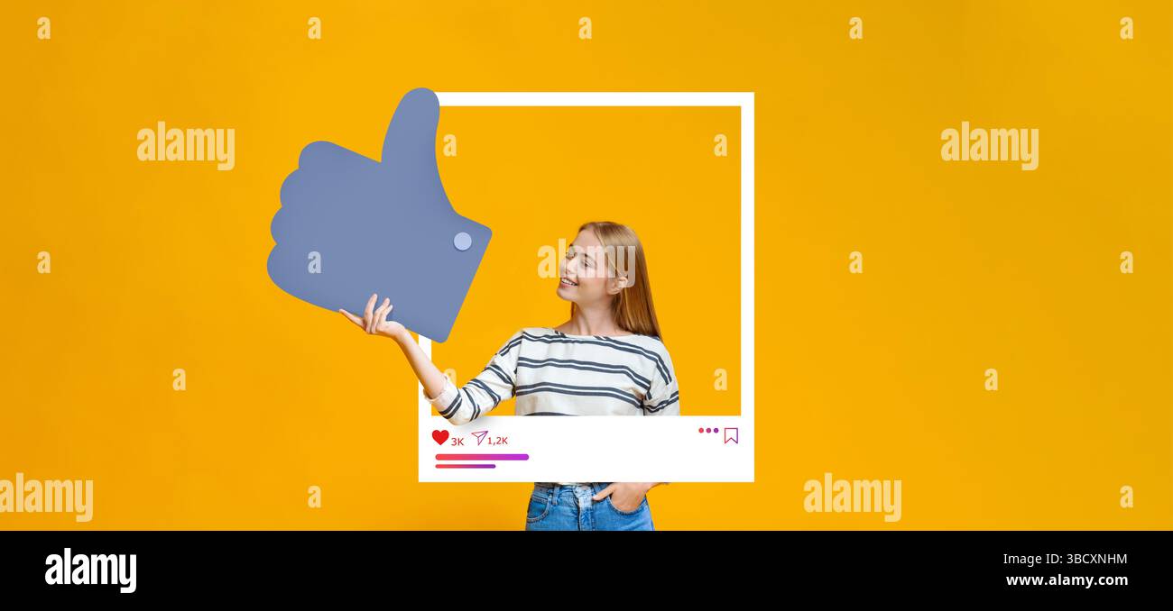 Impliquer les influenceurs des médias sociaux en partageant des vibrations positives avec un pouce vers le haut Banque D'Images