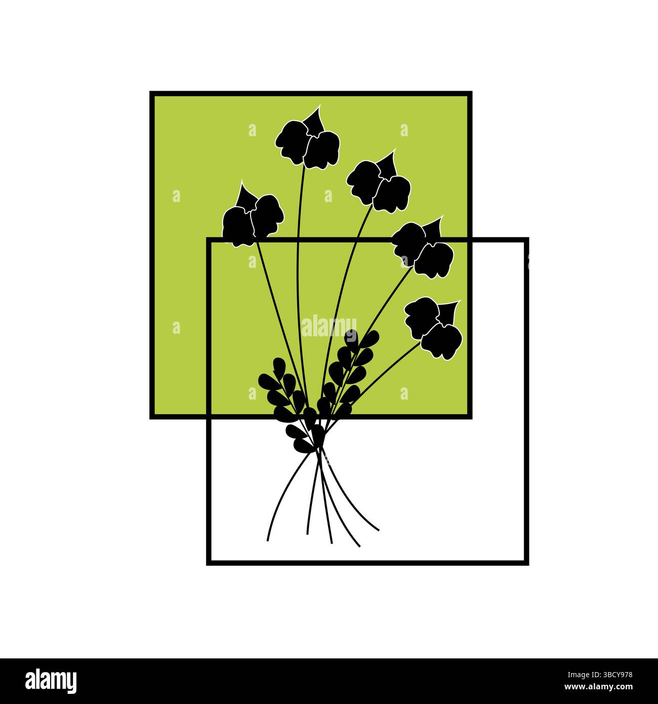 Bouquet de fleurs stylisé. Illustration florale vectorielle. Formes de pétales noires. Fond carré vert. Illustration de Vecteur