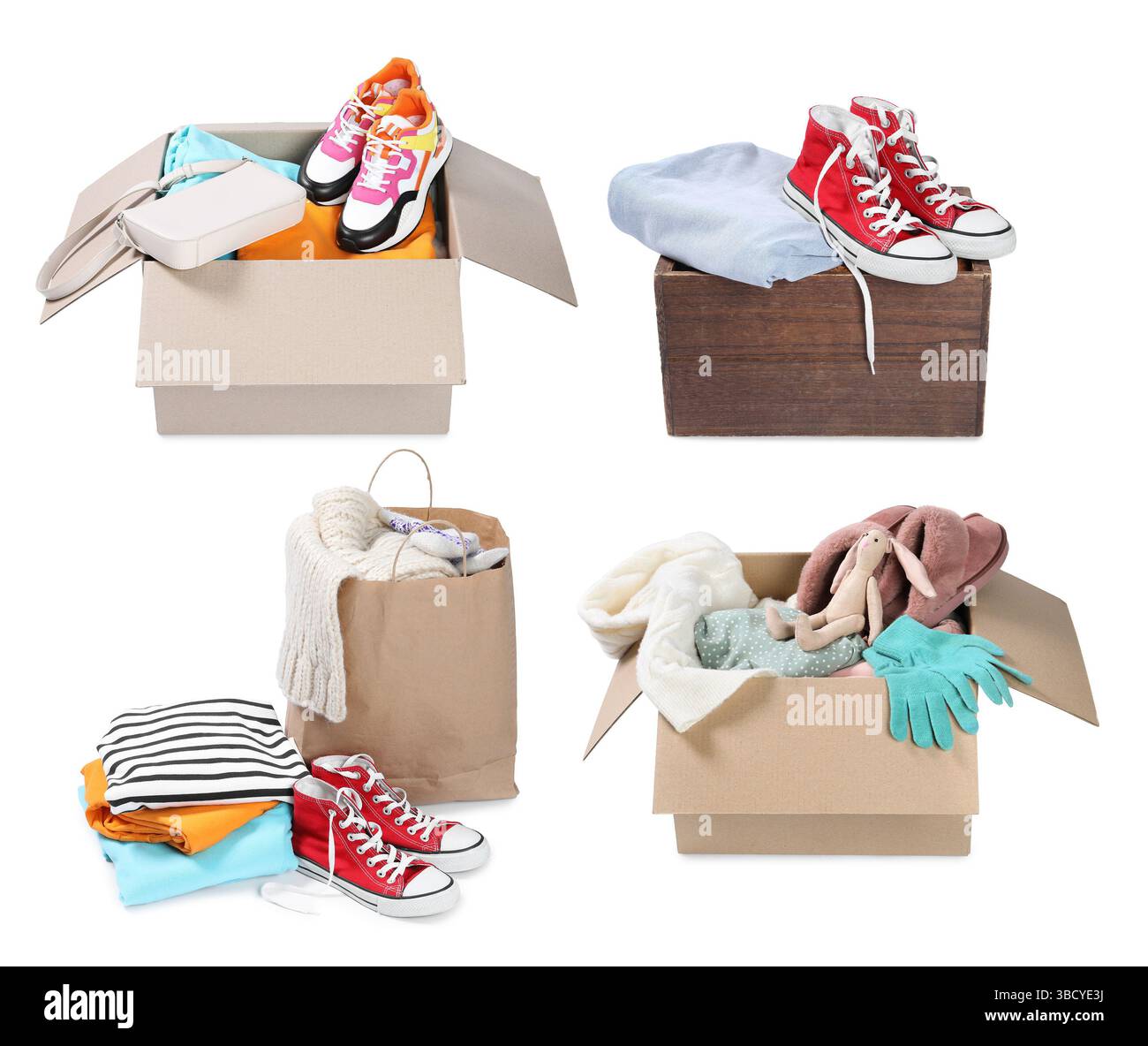 Vêtements et chaussures usagés isolés sur blanc, collage Banque D'Images