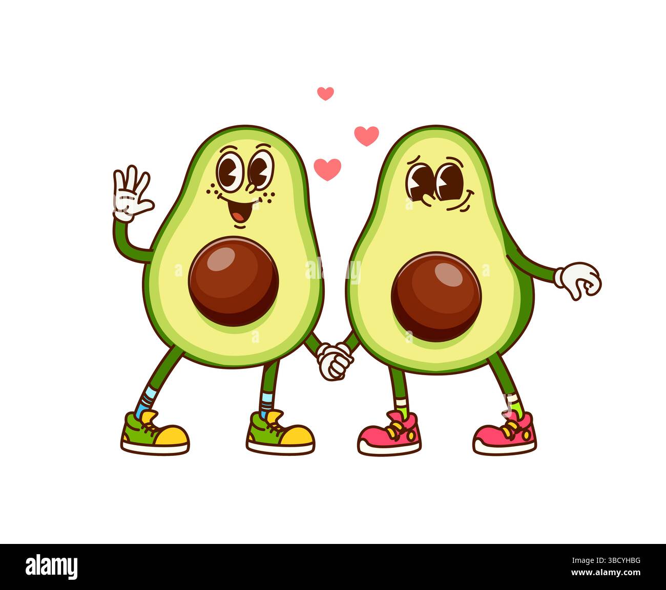 Personnages d'avocat groovy de dessin animé debout côte à côte se tenant les mains et souriant. Les fruits tropicaux drôles portent des baskets et ont des yeux expressifs avec des cœurs flottants au-dessus d'eux symbolisant le sentiment d'amour Illustration de Vecteur
