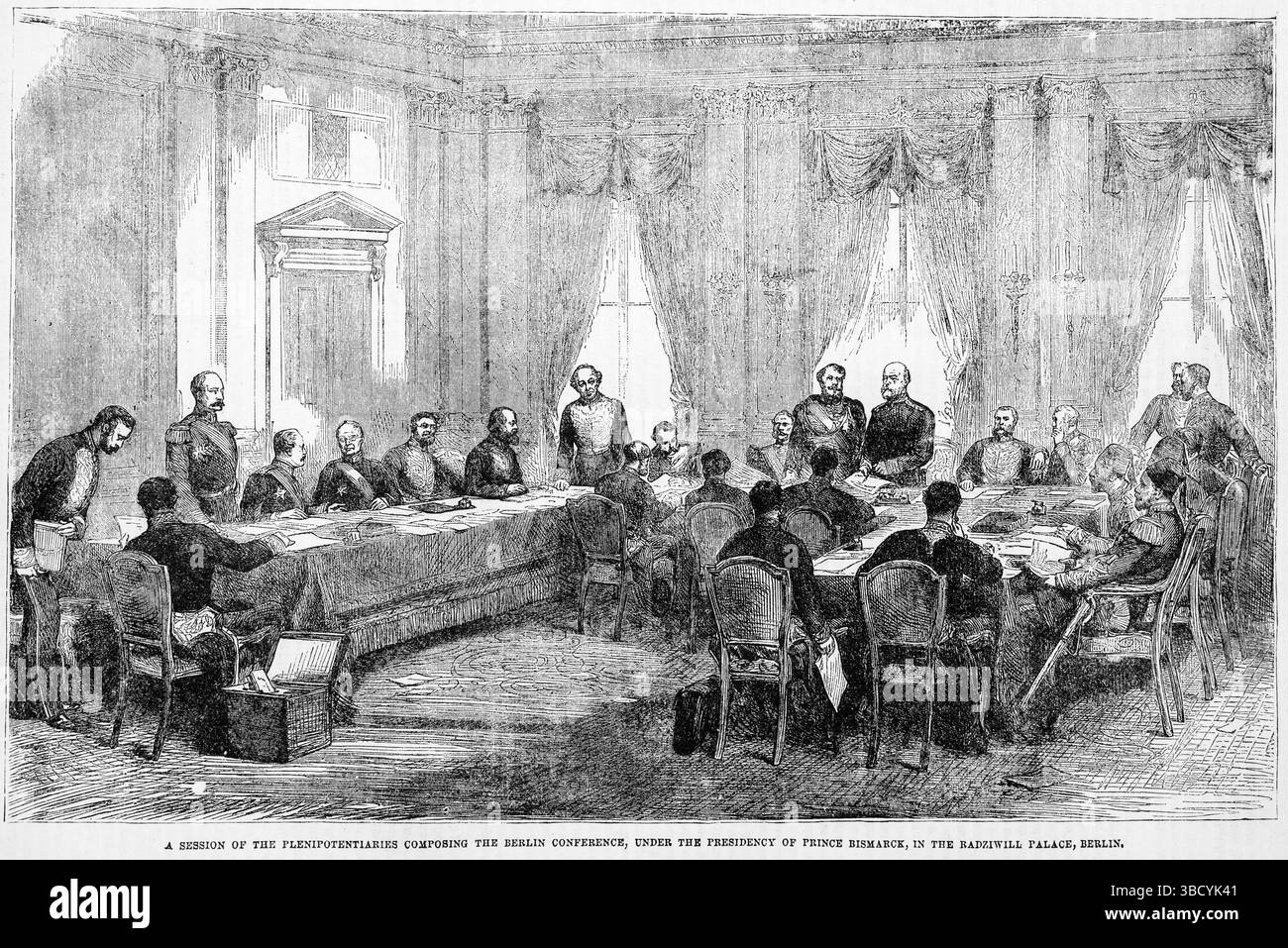 Le Congrès de Berlin - Une session des plénipotentiaires composant la Conférence de Berlin, sous la présidence du Prince Otto von Bismarck, au Palais Radziwill (1878). Illustration du XIXe siècle tirée du Popular Monthly de Frank Leslie Banque D'Images