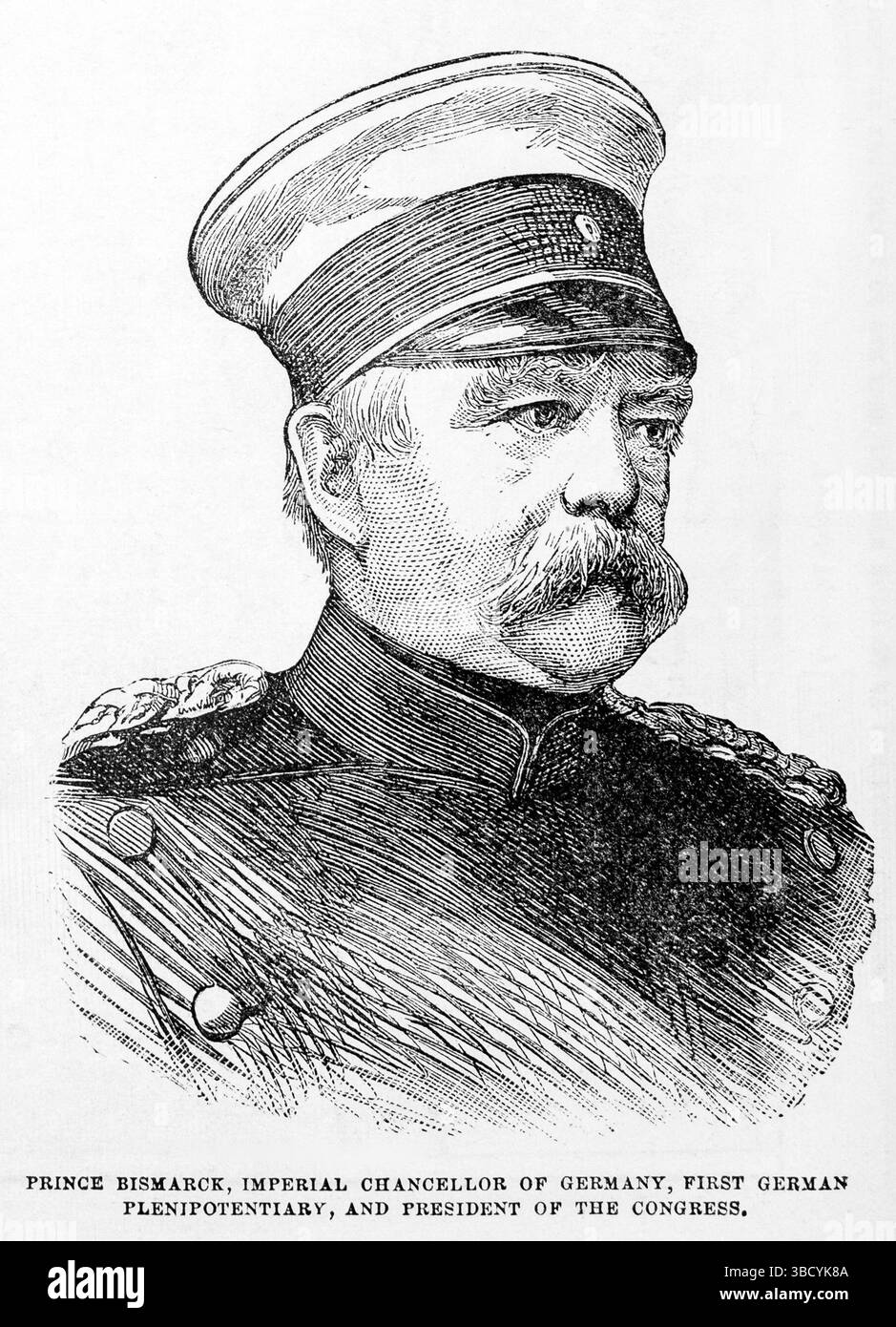 Portrait du prince Otto von Bismarck, chancelier impérial d'Allemagne, premier plénipotentiaire allemand et président du Congrès de Berlin (1878). Illustration du XIXe siècle tirée du Popular Monthly de Frank Leslie Banque D'Images