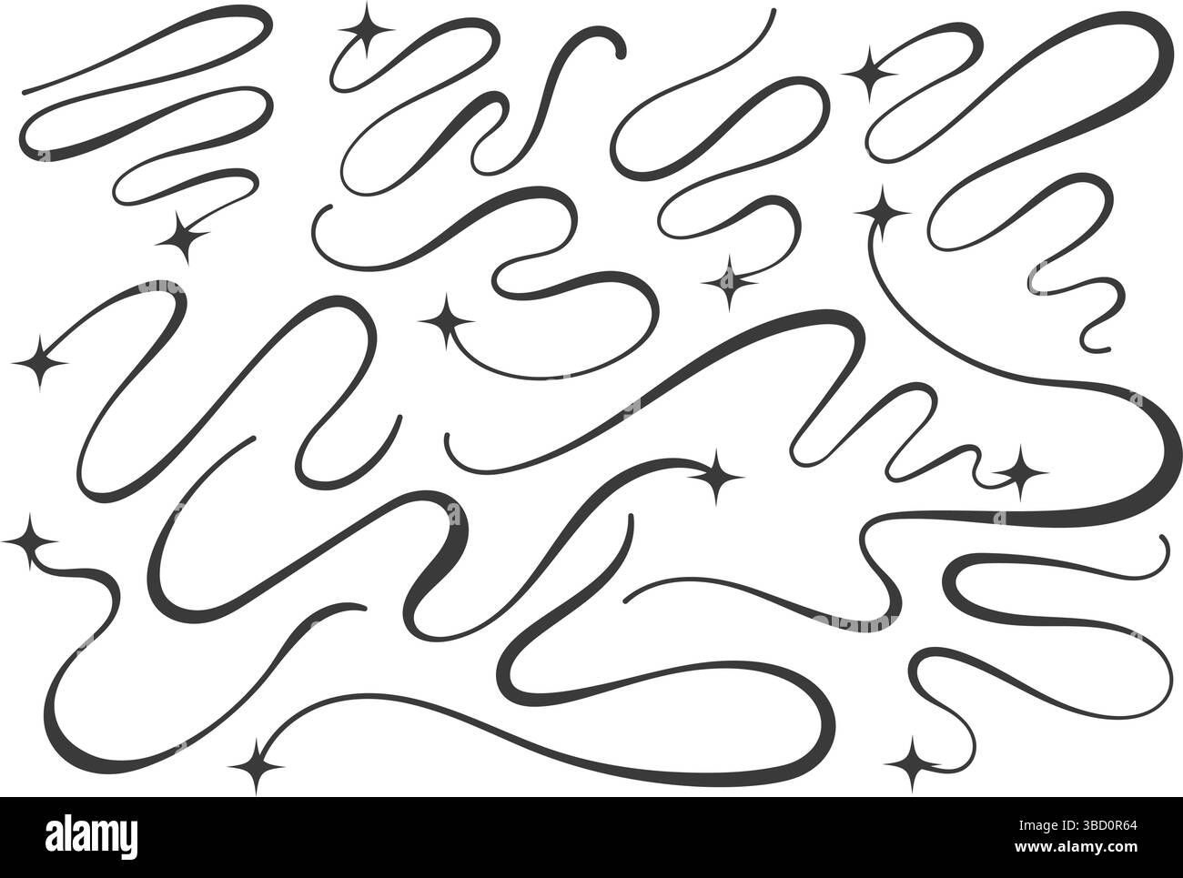 Lignes vectorielles tourbillonnantes avec étoiles. Courbes élégantes fleurissent les queues des comètes. Décoratifs Y2K défile et traits sur fond blanc. Sauts simples ondulés Illustration de Vecteur