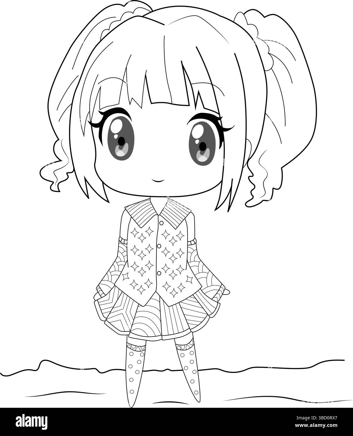 Illustration d'art de ligne noir et blanc d'un personnage chibi fille mignon. Parfait pour les livres de coloriage, les activités pour enfants, ou les projets de conception graphique re Illustration de Vecteur