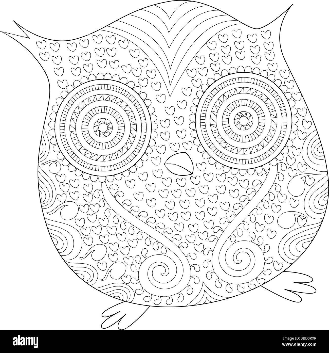 Jolie illustration de hibou de style chibi avec des motifs complexes, parfait pour les pages à colorier, les activités de pleine conscience, l'artisanat des enfants, ou l'eleme de conception décorative Illustration de Vecteur