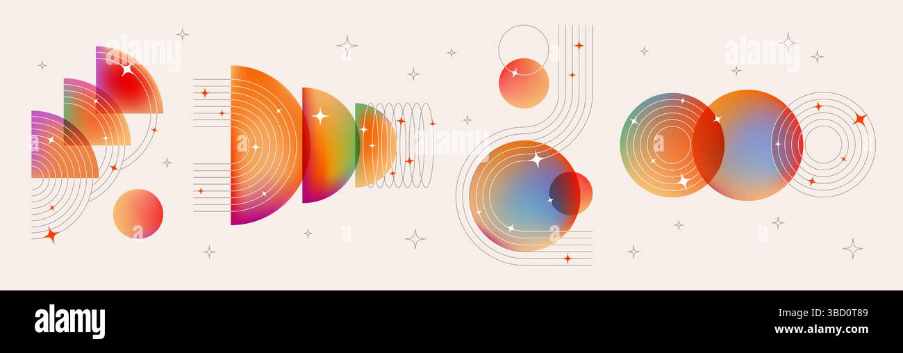 Éléments de conception abstraits Bauhaus pour affiche musicale - demi-cercles et sphères de gradient colorés avec des lignes et des étoiles. Formes graphiques géométriques dynamiques modernes lumineuses, arrière-plan d'illustration vectorielle rétro Illustration de Vecteur