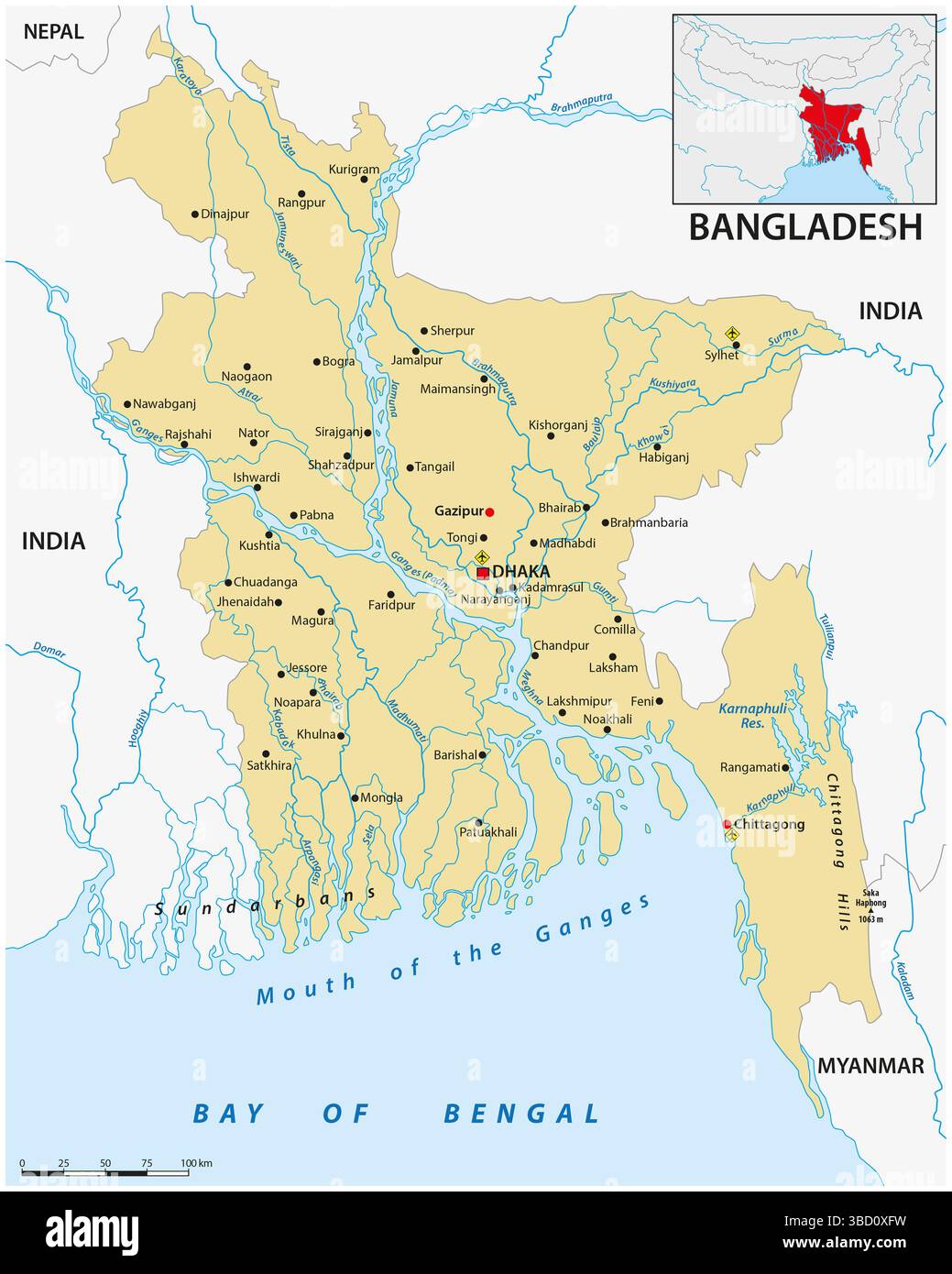 Carte du Bangladesh avec les grandes villes et rivières Banque D'Images
