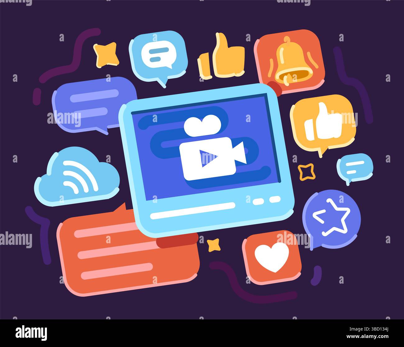 Icônes des médias sociaux, symbolisant la communication et le marketing numérique. Vlogging et contenu vidéo en ligne Illustration de Vecteur