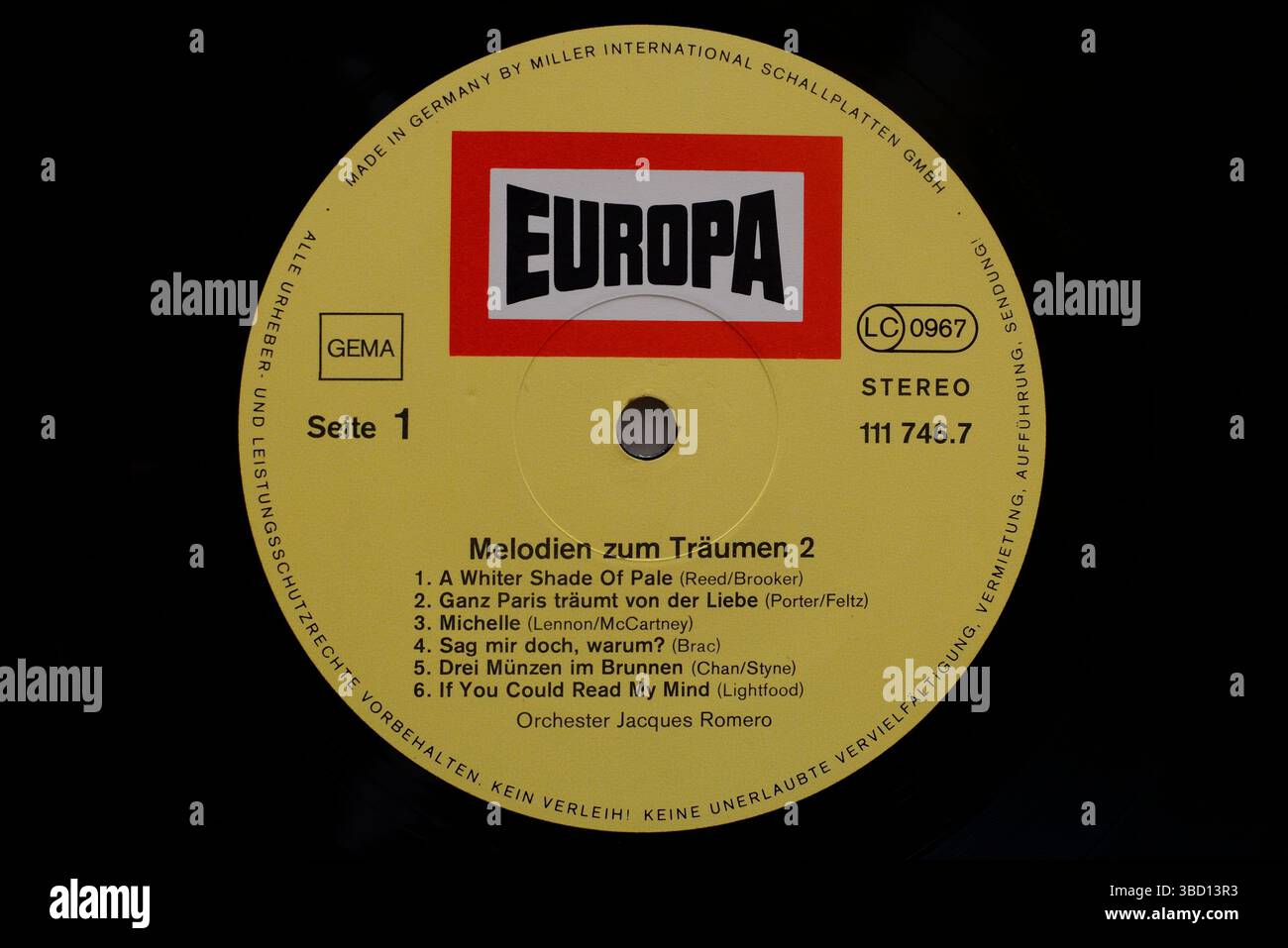 Vintage Record Label, orchestre Jacques Romero. Europa Records, fondée en 1965 Banque D'Images