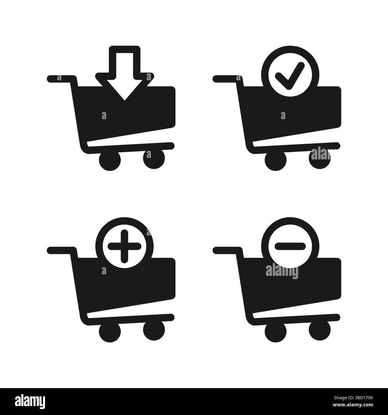Icônes de panier pour E-commerce. Achat de produit en ligne concept. Chariot à provisions avec flèche, coche, signe plus et moins. Panier de caisse. Illustration de Vecteur