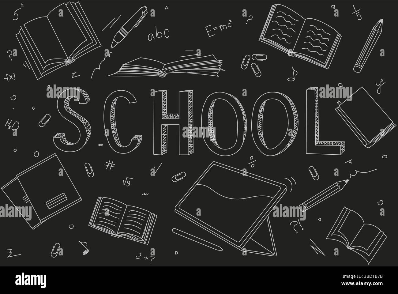 Retour à l'école illustration dessinée à la main. Esquissez les objets scolaires sur un tableau noir. Dessin à la craie noir et blanc d'un mot 'école', cahier, tablette. Illustration de Vecteur