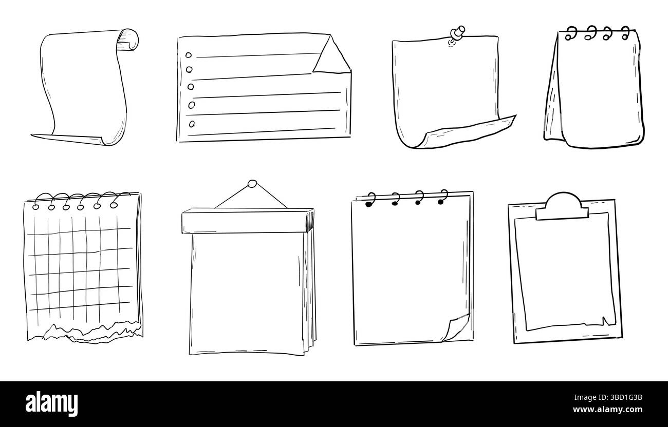 Mémo page bullet carnet de voyage croquis, griffonnage dessiné à la main autocollants de bureau boîte de liste ou cadre. Rappel de planificateur de bande dessinée, définir les éléments de conception de papeterie. Illustration vectorielle Illustration de Vecteur