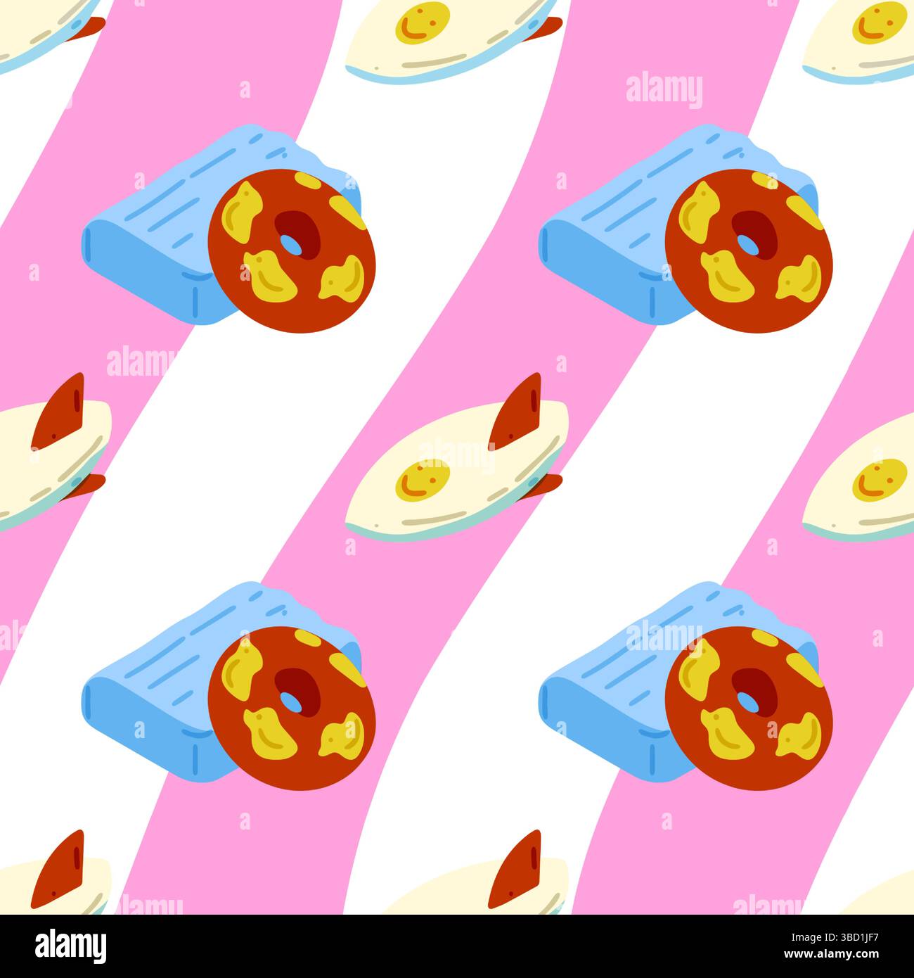 Modèle sans couture avec jouets gonflables de piscine comprenant un anneau de beignet, matelas pneumatique et planche de surf. Design de plage de dessin animé plat avec stri rose ondulé et blanc Illustration de Vecteur