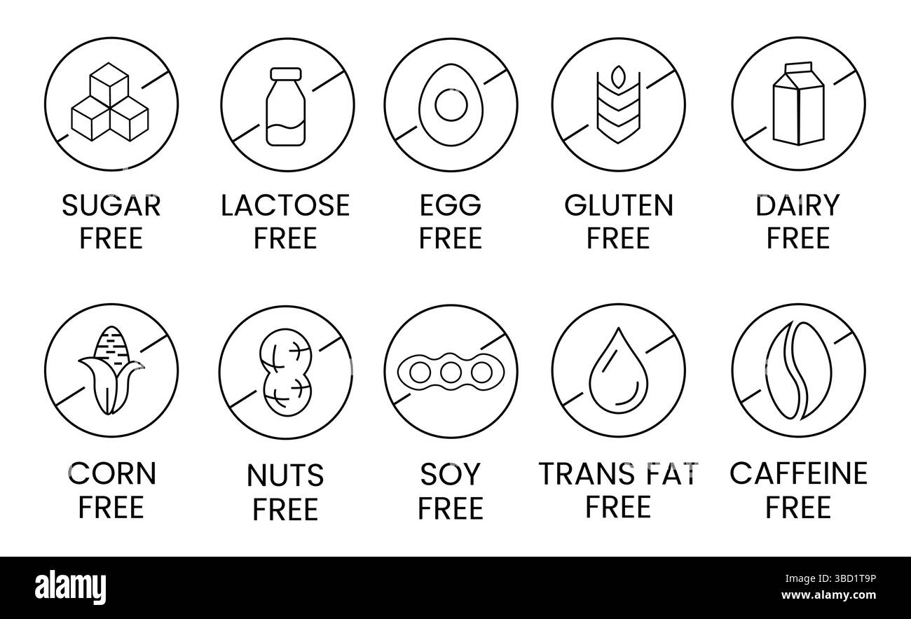 Définir des icônes sans allergène. Produits exempts d'allergènes. Symboles d'avertissement des produits. Lactose, gluten, sucre, maïs, oeuf, gras trans, soja, noix sans, signe de caféine. Illustration de Vecteur