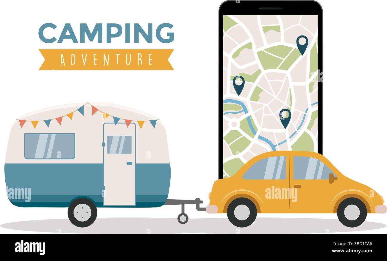 concept de voyage d'aventure de camping avec voiture et carte de rue dans l'illustration vectorielle de smartphone Illustration de Vecteur