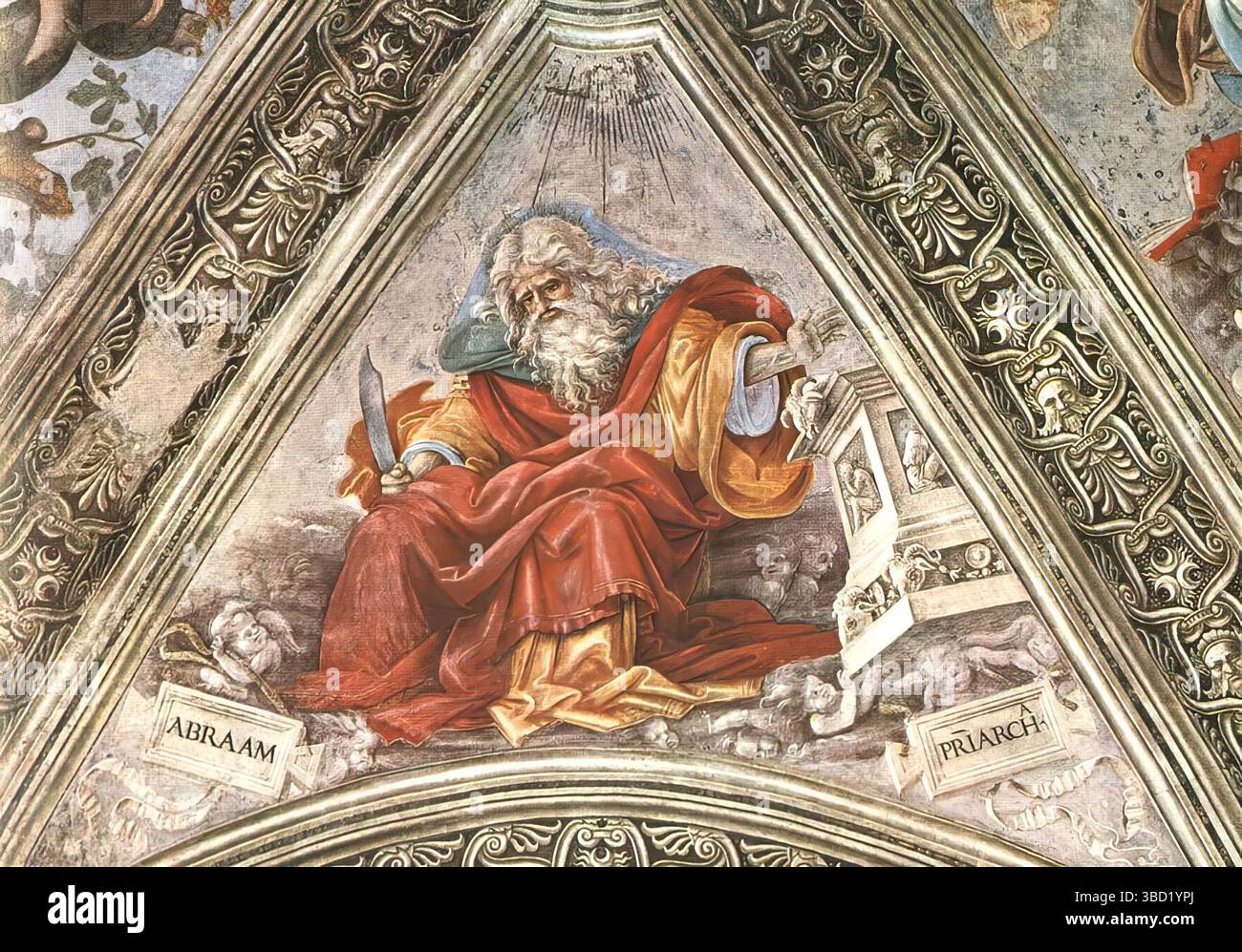 LIPPI, Filippino (né vers 1457, Prato, d. 1504, Firenze) Abraham 1502 Fresco Chapelle Strozzi, Santa Maria Novella, Florence la chapelle de Filippo Strozzi dans la S. Maria Novella à Florence est dédiée aux apôtres Philippe et Jacques (anciennement à Saint Jean l'évangéliste). La chapelle appartenait à la famille Boni et en 1486 a été cédée à Filippo Strozzi l'ancien, dont le nom est lié à la construction du célèbre palais Strozzi. Toute la décoration de la chapelle est de Filippino Lippi. La fresque représentant Abraham est dans la voûte. --- mots-clés : ------------- Banque D'Images
