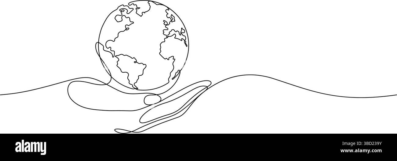 les concepts de conservation de l'environnement, la main écologique d'économie de soins du monde soutiennent une ligne dessinant l'illustration vectorielle dessinée à la main continue Illustration de Vecteur