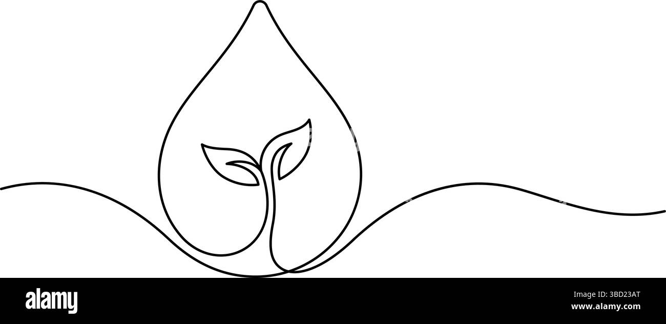 petite plante planant dans la gouttelette d'eau concept d'écologie naturelle une ligne dessin continu minimalisme dessiné à la main décoratif Illustration de Vecteur