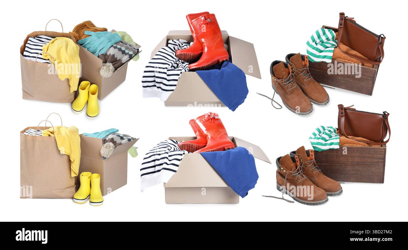 Vêtements et chaussures usagés isolés sur blanc, collage Banque D'Images