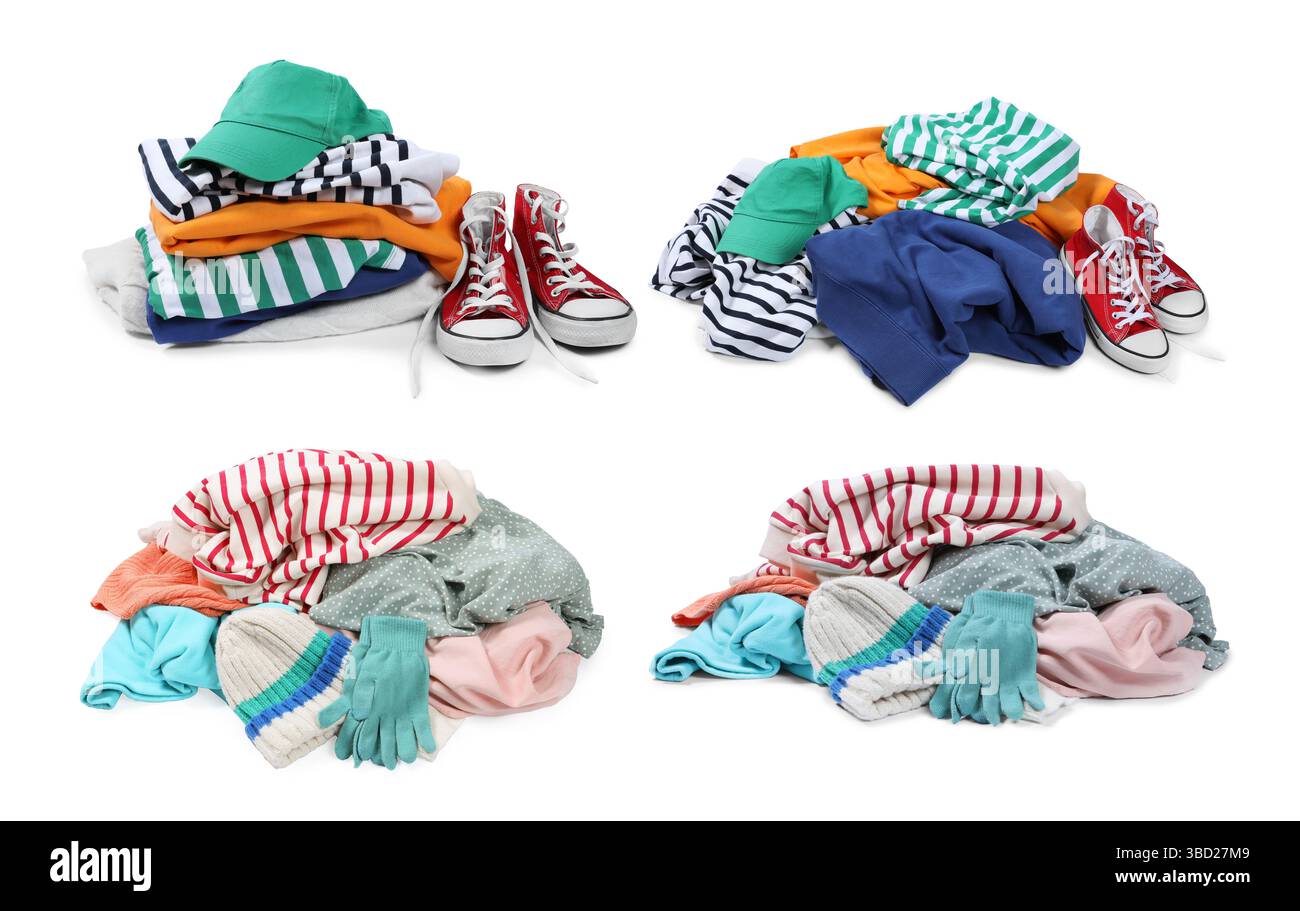 Vêtements et chaussures usagés isolés sur blanc, collage Banque D'Images