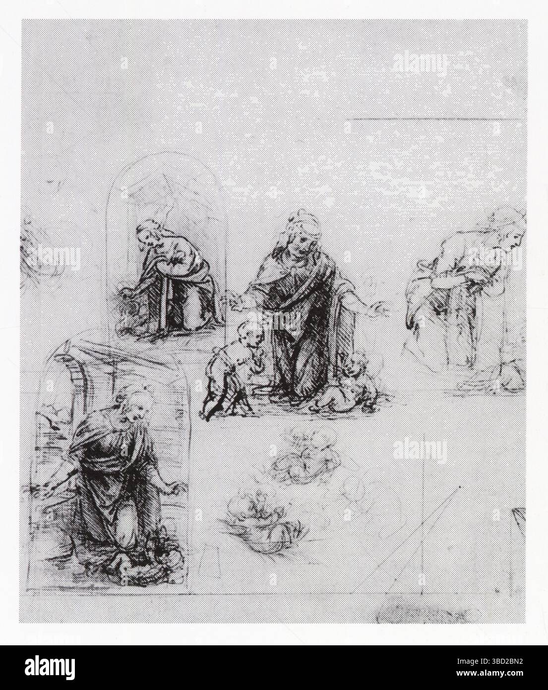 LÉONARD DE VINCI. ÉTUDES ET ESQUISSES. PROBABLEMENT POUR LA VIERGE DES ROCHERS. 1483. STYLO ET ENCRE SUR DESSIN PRÉPARATOIRE AU CRAYON . 195 X 162 MM Banque D'Images