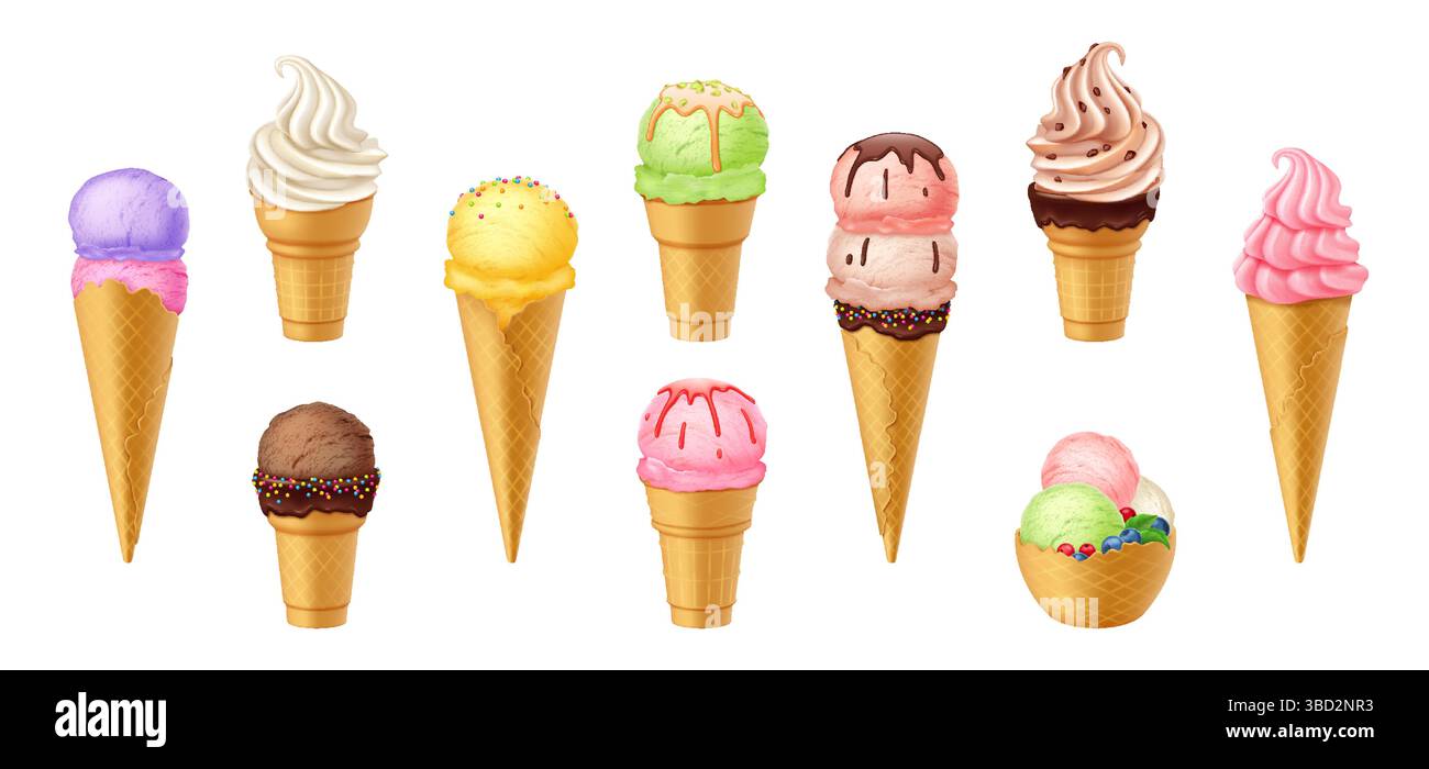 Collection de divers cônes et bols de crème glacée. Des cuillères lumineuses et colorées avec garnitures créent une ambiance estivale joyeuse. Parfait pour les thèmes de dessert et Illustration de Vecteur