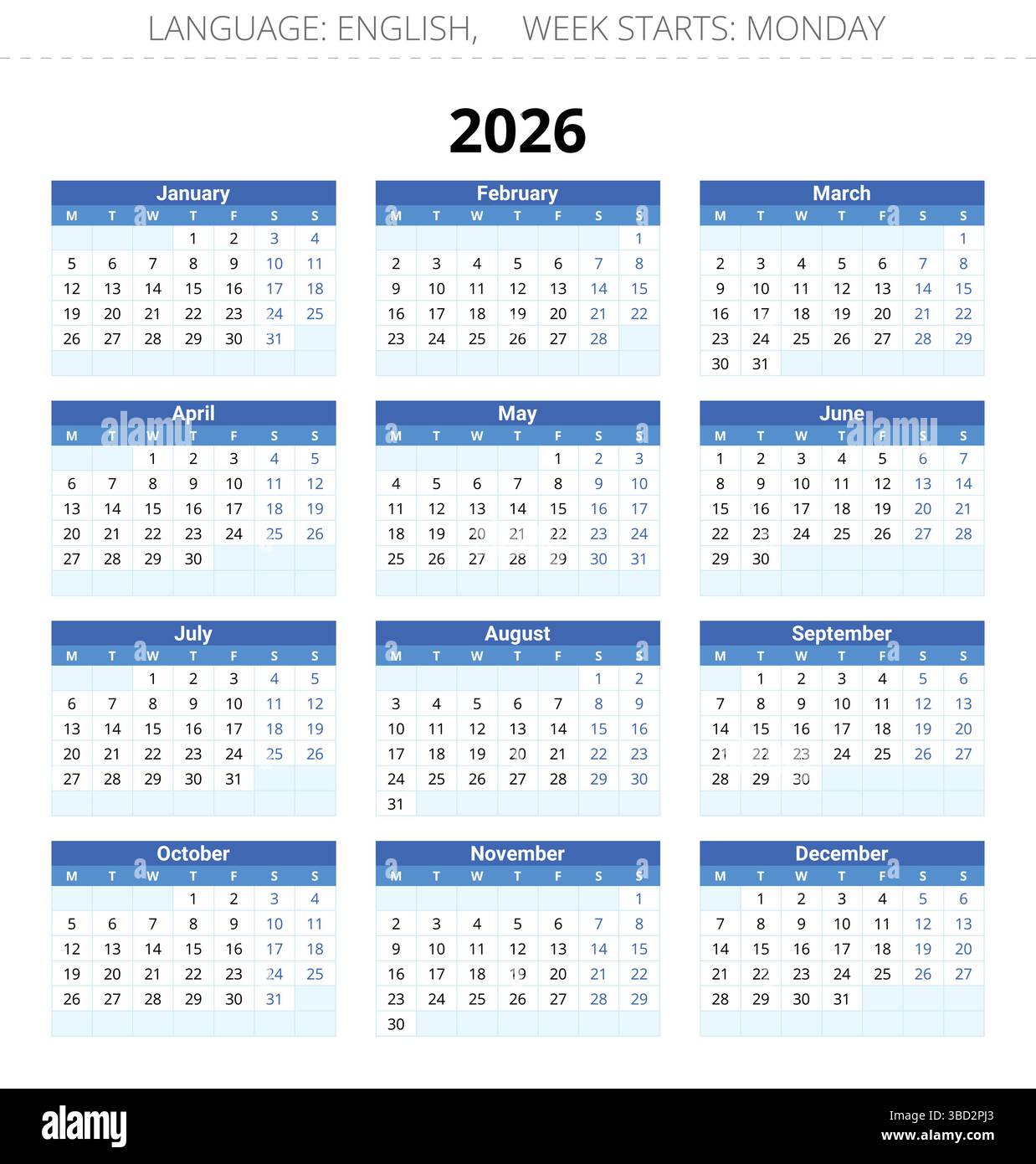 calendrier anglais de 2026 ans. Illustration vectorielle. La semaine commence lundi Illustration de Vecteur