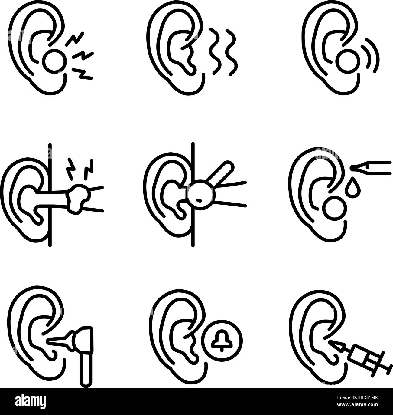 Configuration des symptômes de l'otite et des icônes de contour du traitement. Personnes souffrant de maux d'oreille, acouphènes, perte auditive et infections, utilisant des gouttes d'oreille, des médicaments et h. Illustration de Vecteur