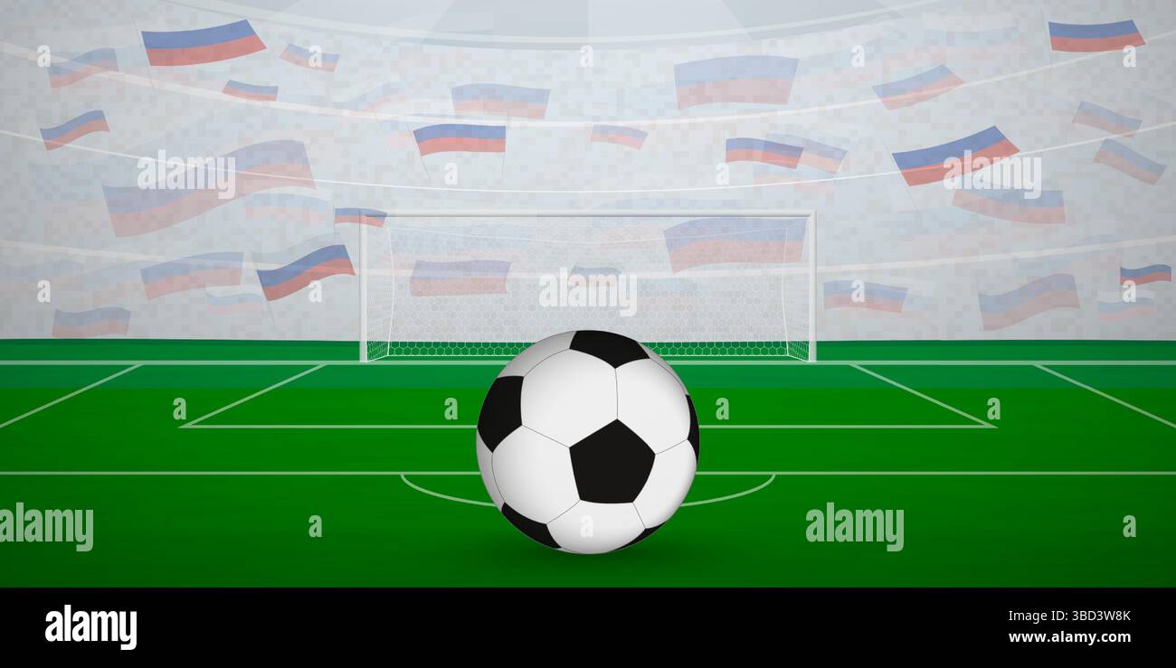 Stade de football russe plein de fans avec drapeaux nationaux, illustration d'événement sportif. Idéal pour une utilisation dans les promotions d'événements sportifs, les conceptions sur le thème du football, Illustration de Vecteur