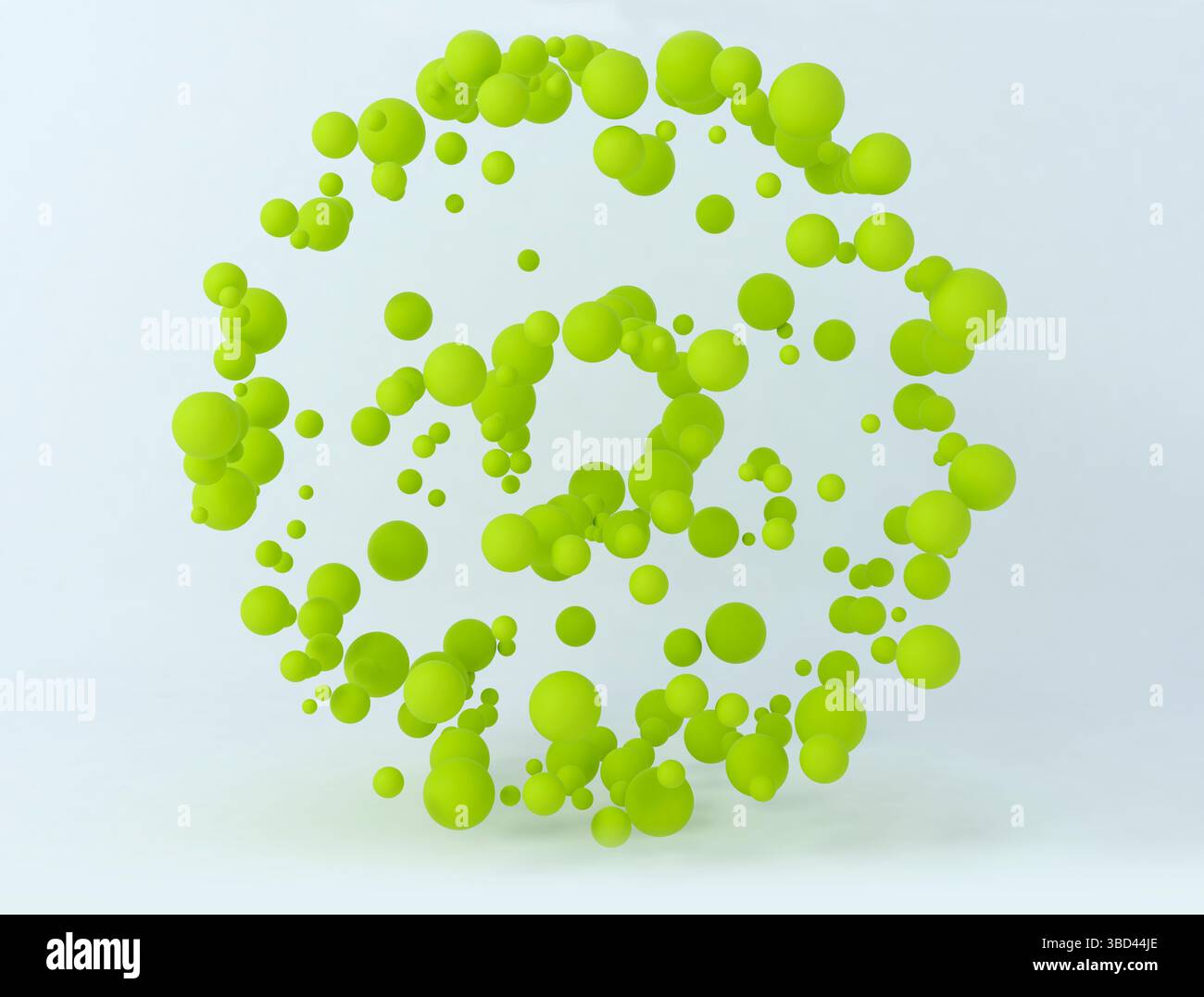 Cluster de sphères abstraites. Bulles brillantes. Un cercle fait de boules. Design tendance de bannière ou d'affiche. Fond futuriste. Illustration géométrique 3D. Banque D'Images