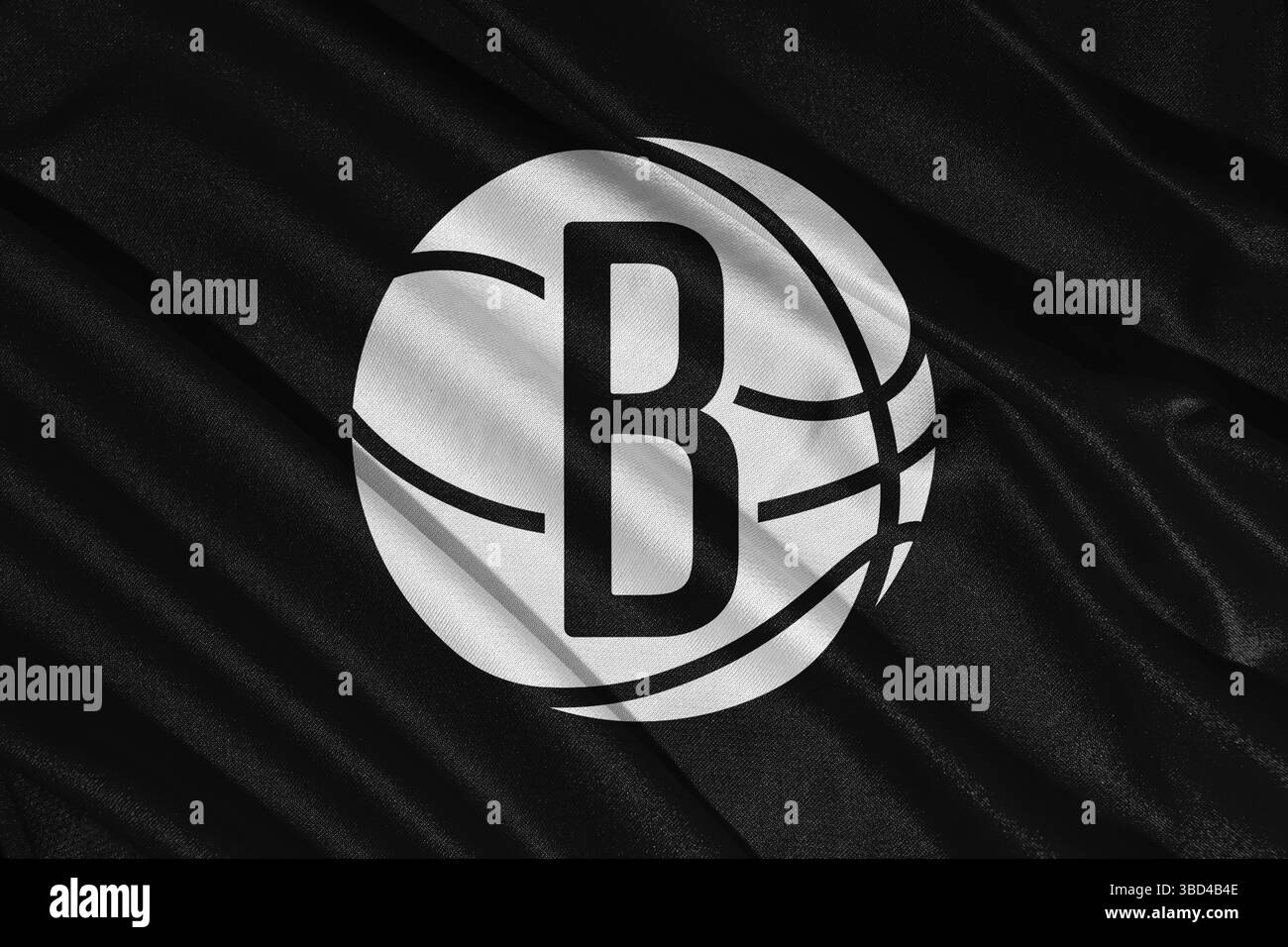 Pringsewu, Lampung ; 23 mai 2025 ; texture du drapeau du club Brooklyn nets, NBA, volant. Illustration 3D. Banque D'Images