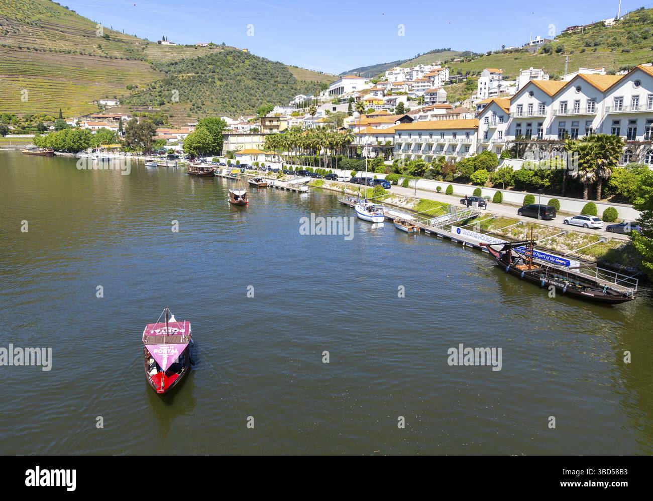 Excursions en bateau au bord du quai de la ville de Pinhao, vallée du fleuve Douro, région viticole du Haut Douro, Portugal Banque D'Images