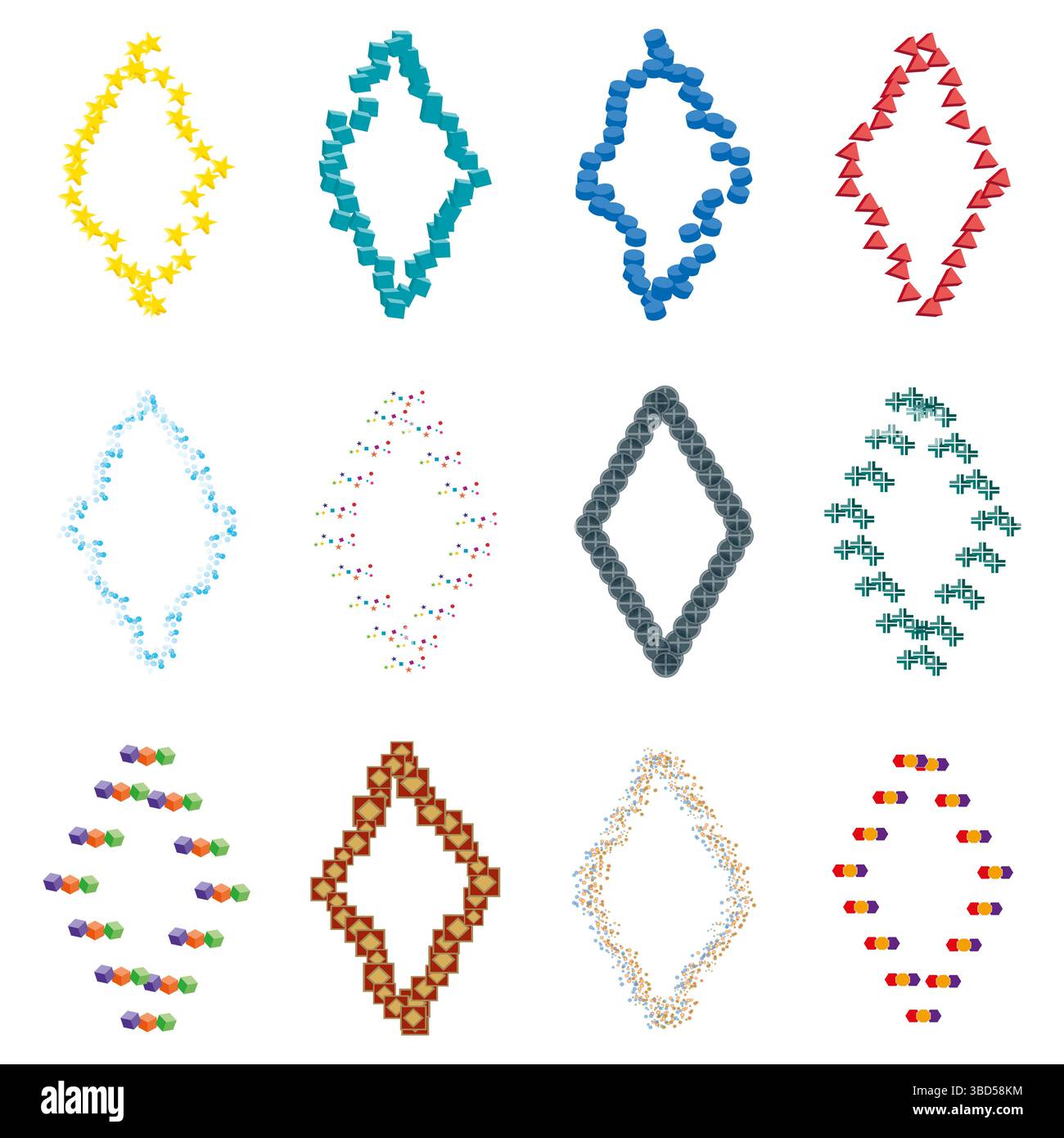 Jeu de cadres diamantés. Bordures florales colorées. Motif coeur rouge. Collection décorative vectorielle. Illustration de Vecteur