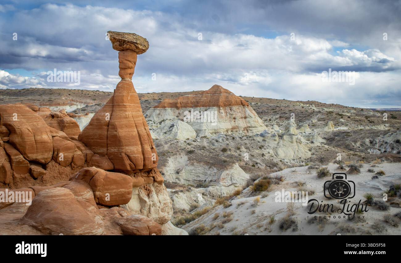 Le Toadstool Hoodoos Trail près de Kanab, Utah, offre une randonnée facile et familiale à travers un paysage à couper le souffle de formations de grès uniques. Banque D'Images
