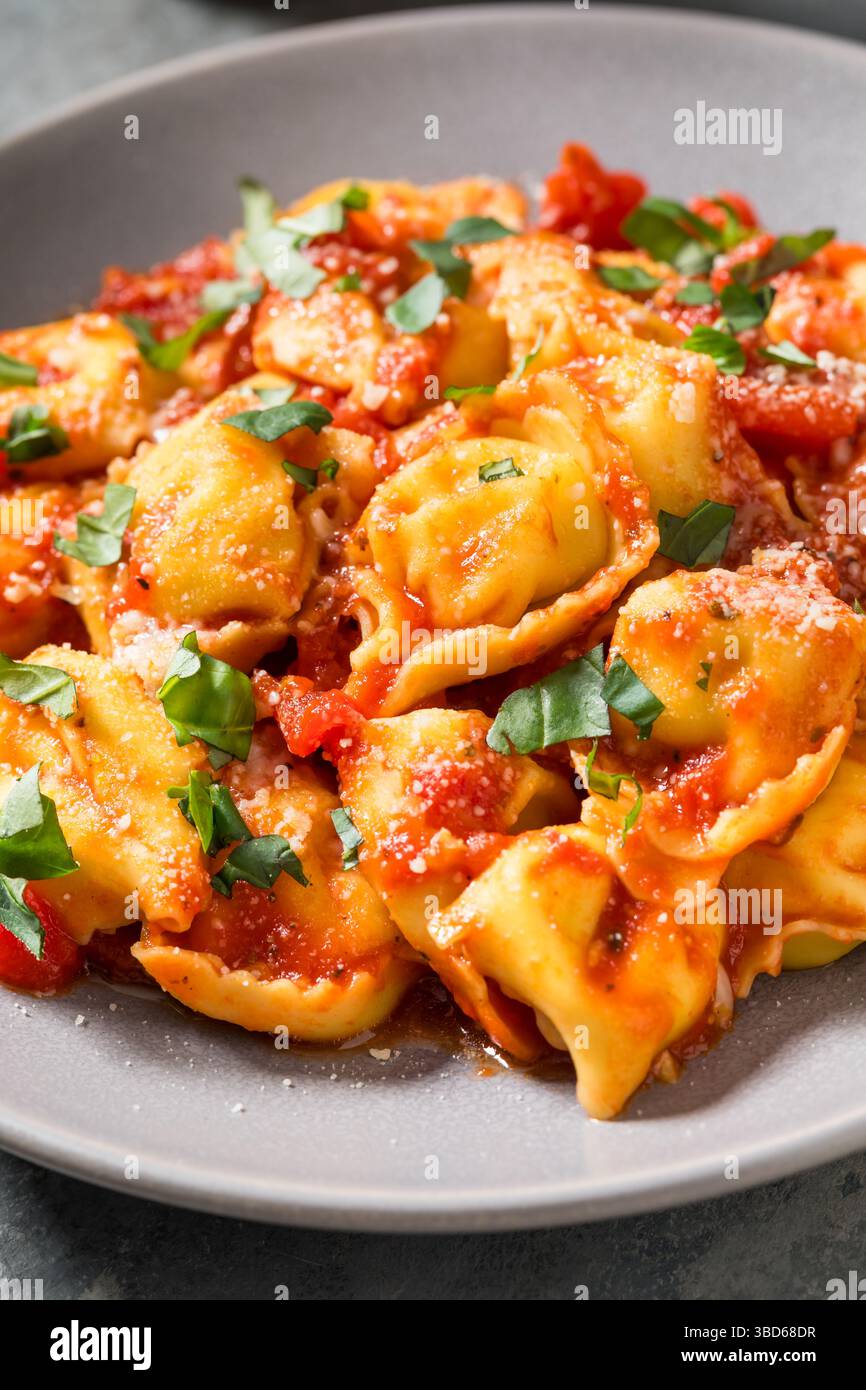 Pâtes tortellini maison avec sauce tomate et basilic Banque D'Images