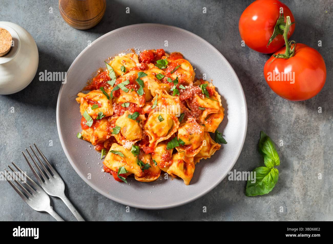 Pâtes tortellini maison avec sauce tomate et basilic Banque D'Images