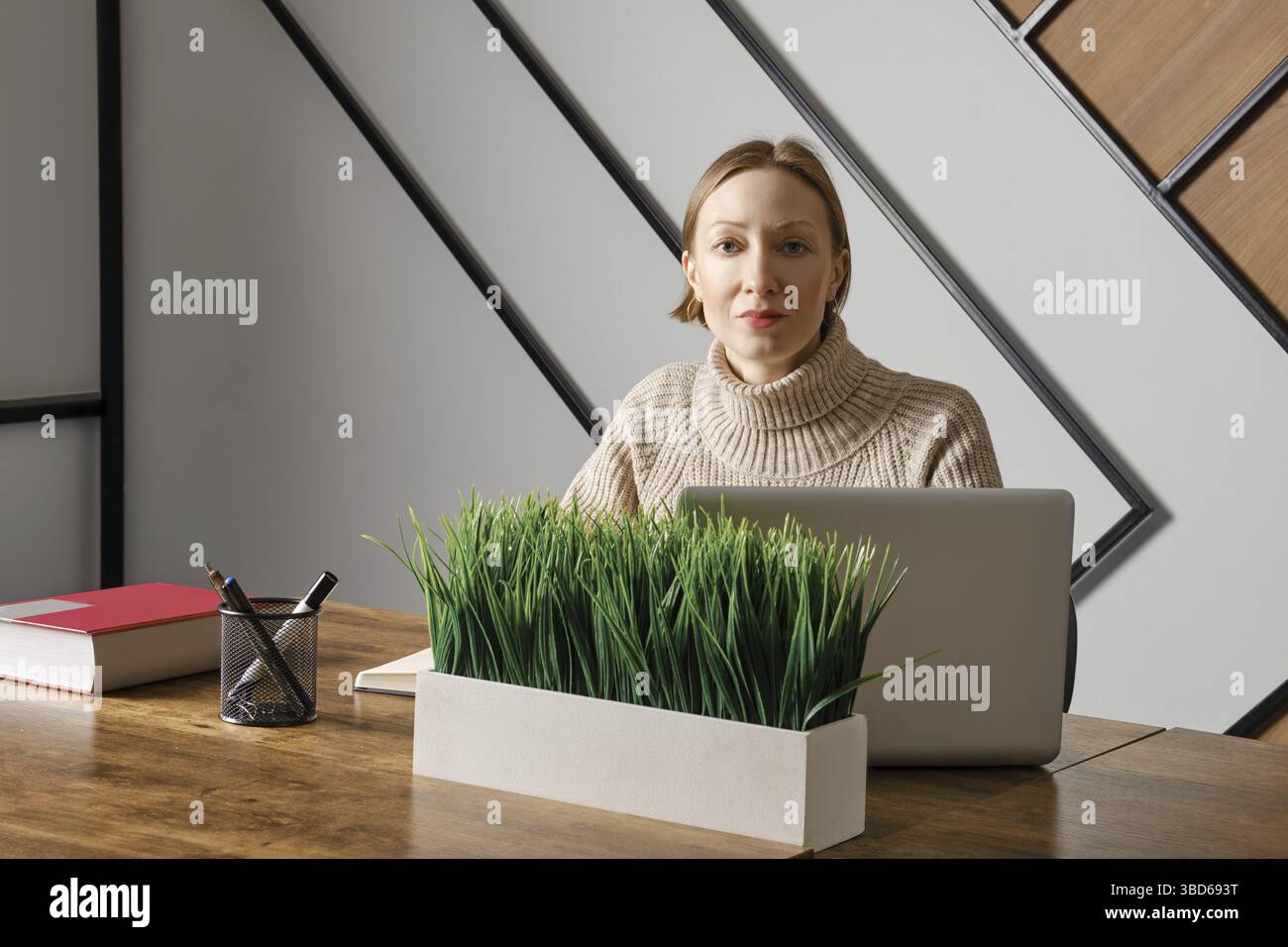 Femme confiante travaille au bureau regardant dans la caméra. Une plante en pot se tient à son bureau Banque D'Images