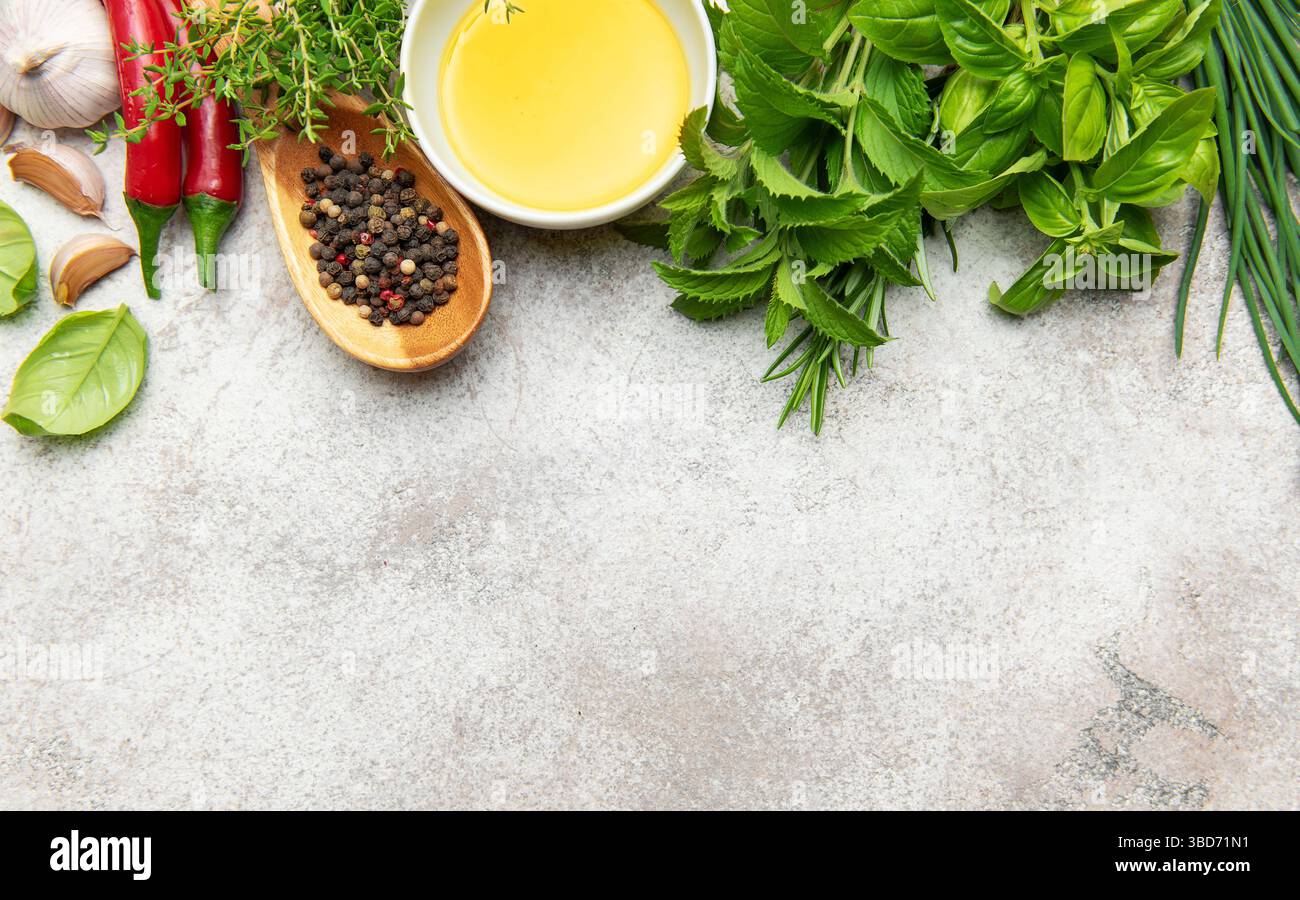 Herbes culinaires fraîches, épices, ail, piments et huile d'olive sont disposés sur un fond gris, offrant un affichage vibrant pour la nourriture et la cuisine c Banque D'Images