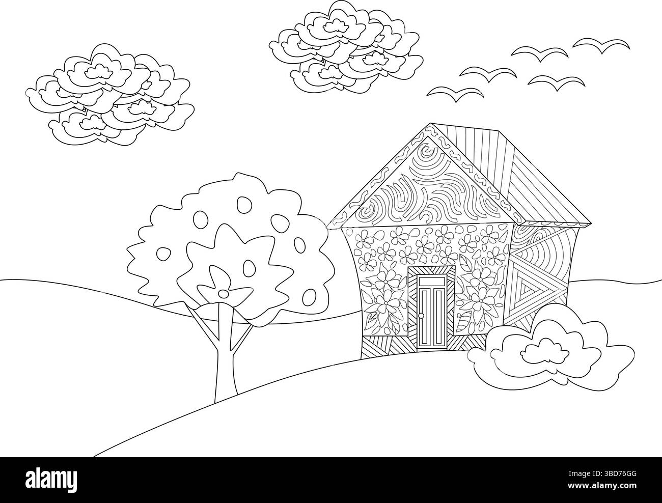 Illustration d'art au trait noir et blanc d'une charmante maison de campagne nichée dans un paysage simple. L'image représente une maison ornée de décorativ Illustration de Vecteur