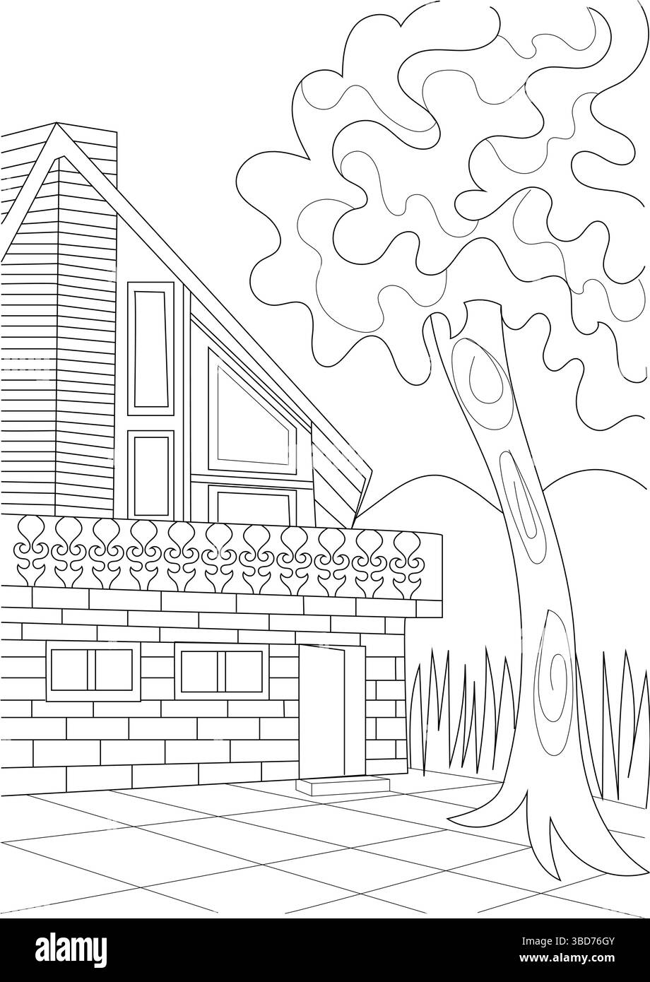 Un dessin au trait noir et blanc représentant une charmante maison de campagne avec un toit distinctif et un balcon, à côté d'un arbre stylisé et simple la Illustration de Vecteur