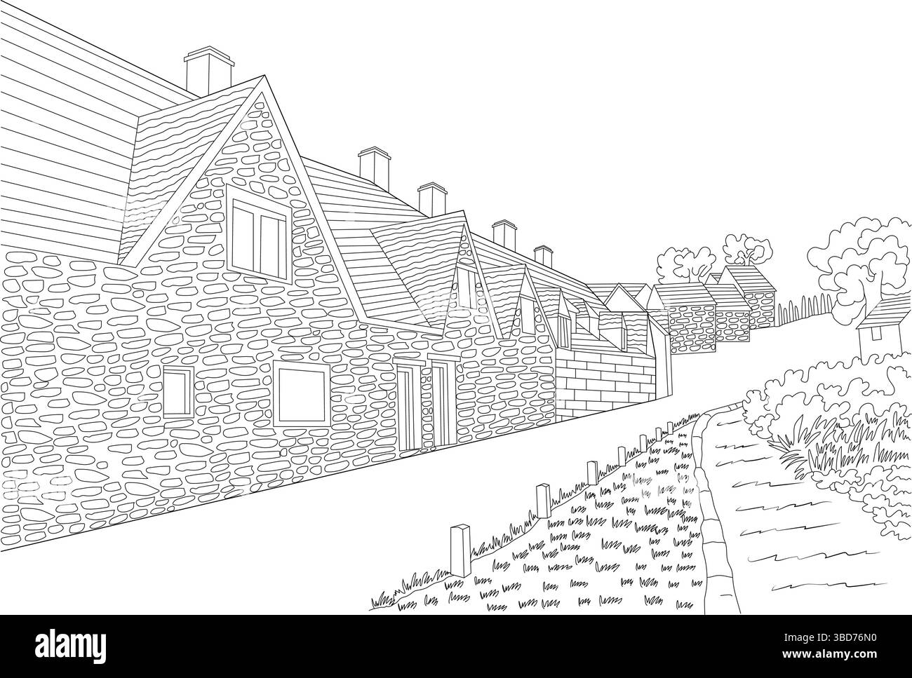 Illustration d'art au trait noir et blanc représentant une charmante rangée de maisons traditionnelles en pierre dans un cadre de village rural. Le croquis montre architectural Illustration de Vecteur