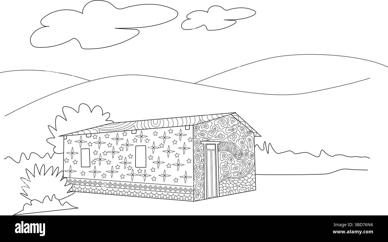 Dessin au trait noir et blanc d'une maison située dans un paysage de campagne simple. La maison présente des motifs décoratifs complexes sur ses murs et Illustration de Vecteur Dessin au trait noir et blanc d'une maison située dans un paysage de campagne simple. La maison présente des motifs décoratifs complexes sur ses murs et Illustration de Vecteur