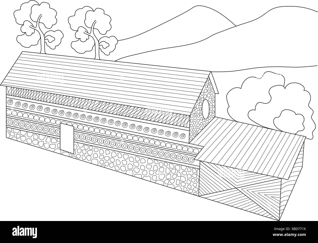 Dessin simple d'art au trait noir et blanc d'une maison rurale avec des motifs détaillés, des arbres et des collines en arrière-plan. Idéal pour les livres de coloriage ou desig Illustration de Vecteur