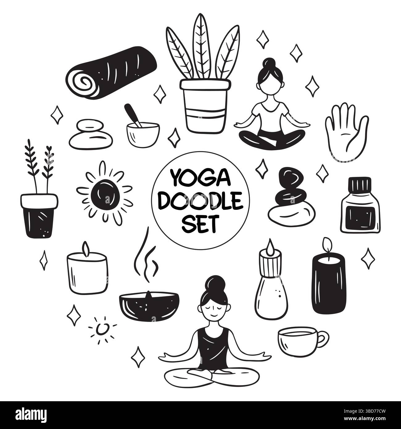 Collection de gribouilles de yoga, relax, méditation illustrant des poses et des symboles pour les amateurs de bien-être Illustration de Vecteur