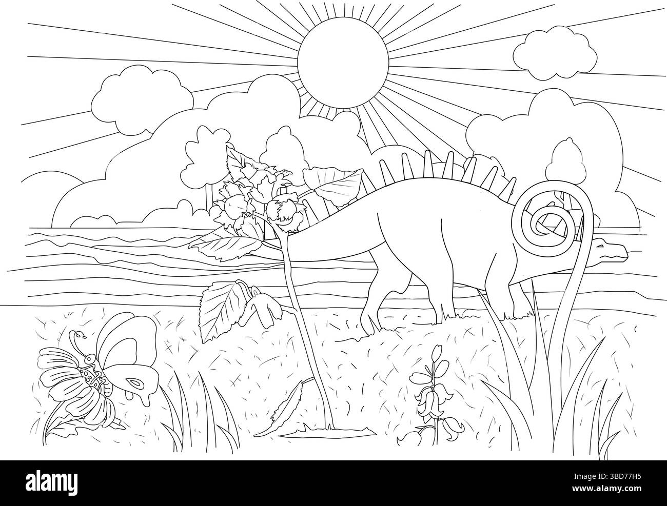 Illustration d'art au trait pour un livre de coloriage mettant en vedette un dinosaure semblable à un stégosaure dans un paysage préhistorique avec un grand soleil, des nuages, des plantes anciennes, un Illustration de Vecteur